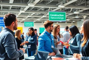 Engaged professionals at construction networking events exchanging ideas and business cards.