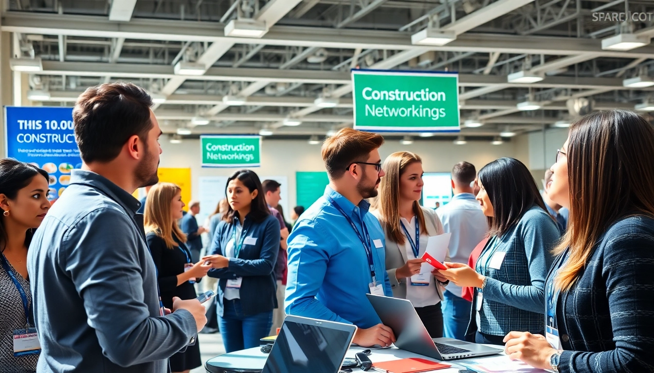 Engaged professionals at construction networking events exchanging ideas and business cards.