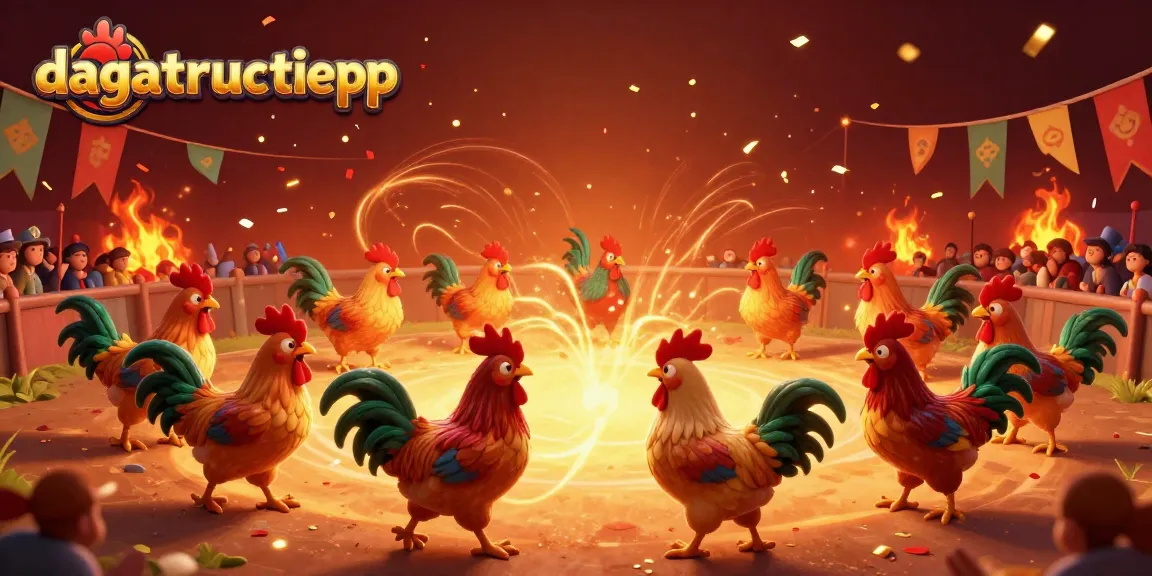 Experience the thrilling action of dagatructiepp cockfighting in a vibrant 3D animated arena.
