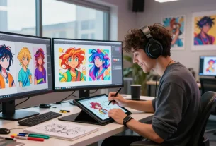 AI ecchi artist in a colorful digital studio creating vibrant character designs with a tablet.