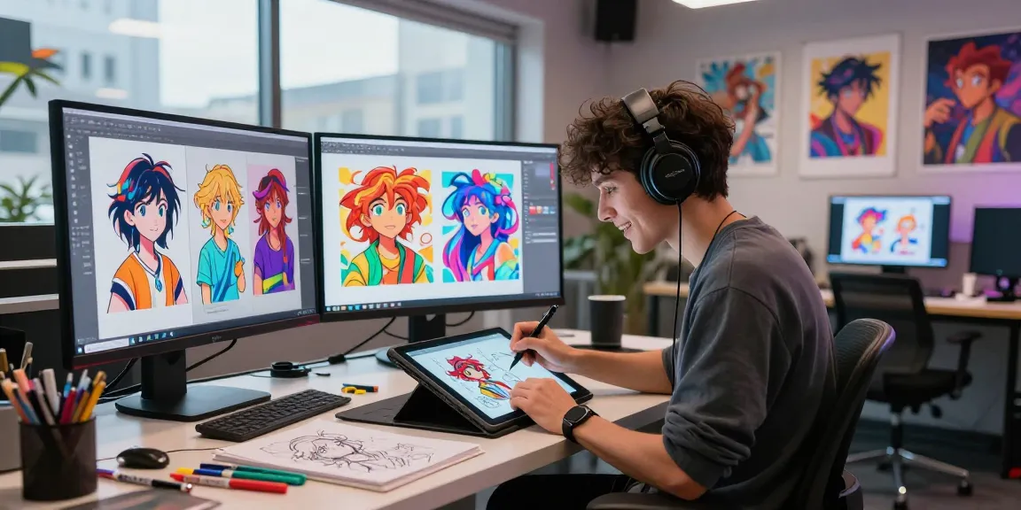 AI ecchi artist in a colorful digital studio creating vibrant character designs with a tablet.
