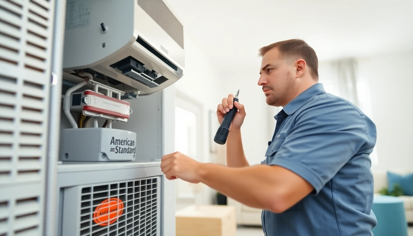 Engaging American Standard HVAC dealer technician performing maintenance in a home environment.