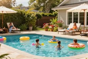 Dolphin Pool Services family enjoying a sunny day at a spacious backyard pool with playful floats and lush landscaping.