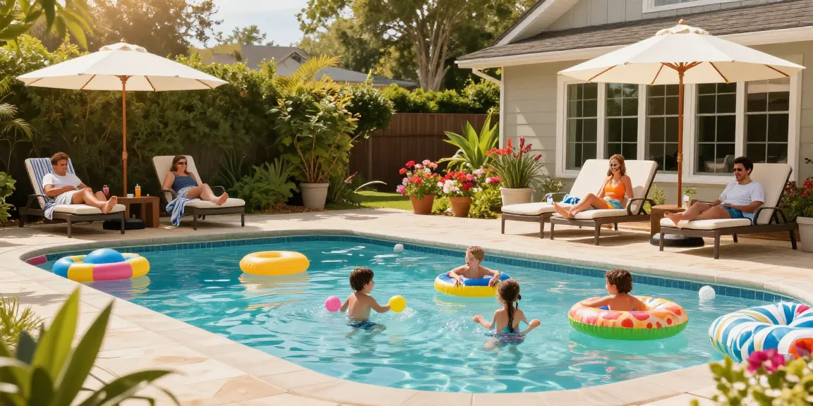 Dolphin Pool Services family enjoying a sunny day at a spacious backyard pool with playful floats and lush landscaping.