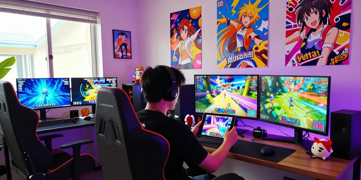 Gamer immersed in hentaigames on a tablet in a vibrant gaming setup.