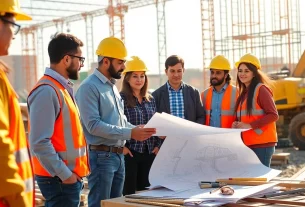 Engaged participants in construction leadership programs collaborate over plans at a vibrant construction site.