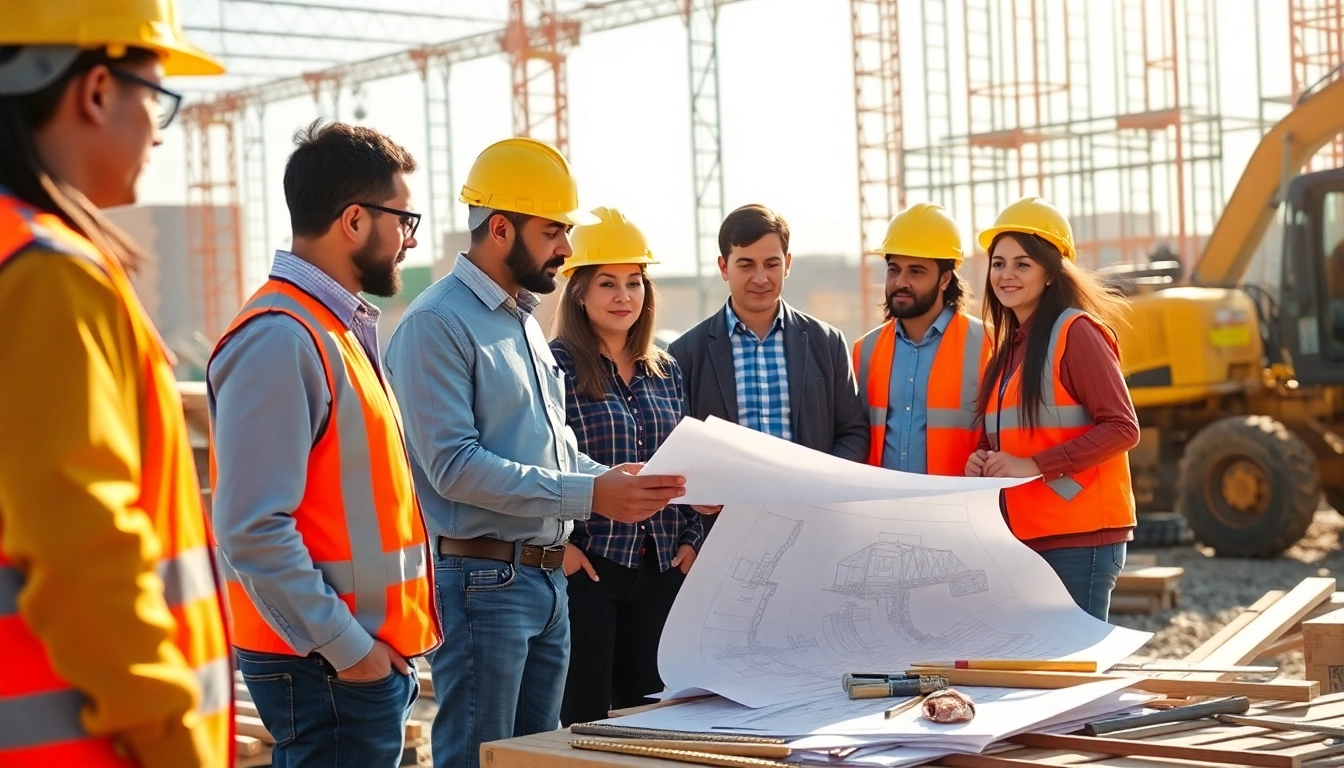 Engaged participants in construction leadership programs collaborate over plans at a vibrant construction site.