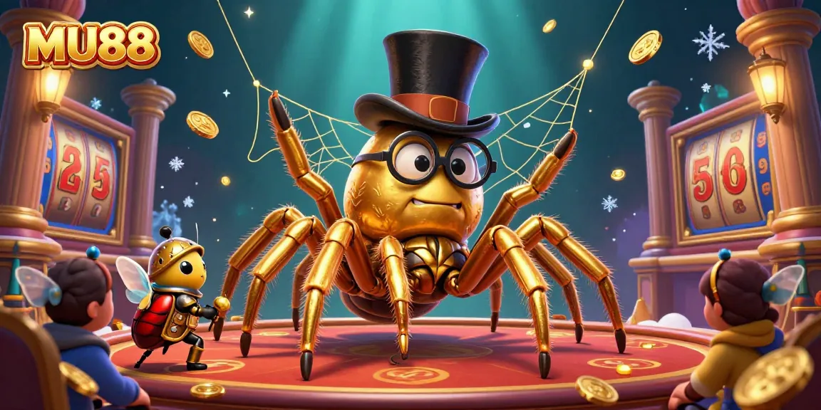 Capture thrilling moments at MU88 casino with a golden tarantula and colorful slot reels in action.