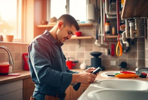 Find a skilled plumber near me fixing a modern kitchen sink with expert precision.