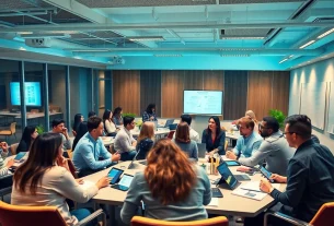 Engaging workforce development session with diverse participants collaborating in a bright, interactive environment.