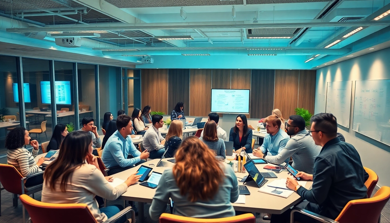 Engaging workforce development session with diverse participants collaborating in a bright, interactive environment.