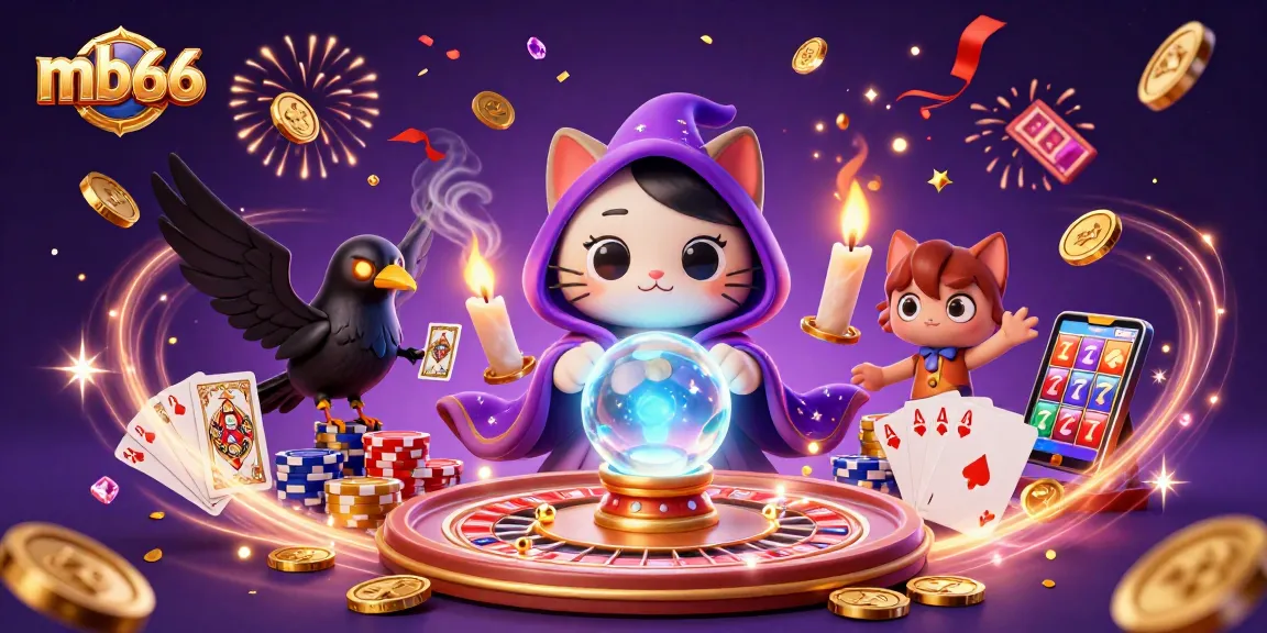 mb66 unleashes the magic of casino thrills with a vibrant 3D illustration of a fortune teller cat and glowing raven.