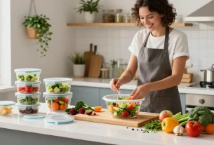 Colorful kitchen scene with food storage containers with lids, fresh vegetables, and a salad spinner, promoting kitchen organization.