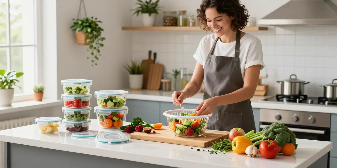 Colorful kitchen scene with food storage containers with lids, fresh vegetables, and a salad spinner, promoting kitchen organization.