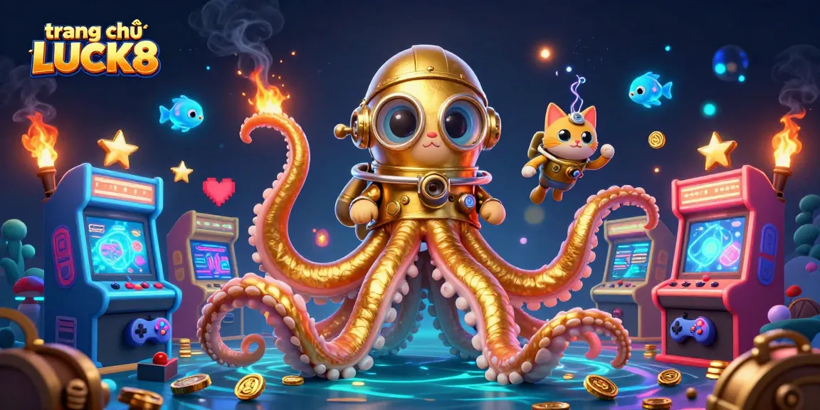 Experience the thrill with trang chủ LUCK8's dynamic treasure-filled ocean scene featuring a kraken and diving cat.