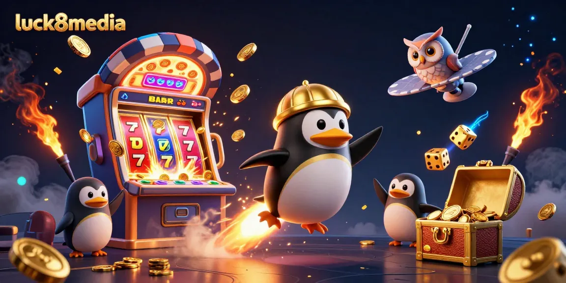 Experience the thrill of luck8media's vibrant casino adventure with the golden penguin and jackpot symbols.