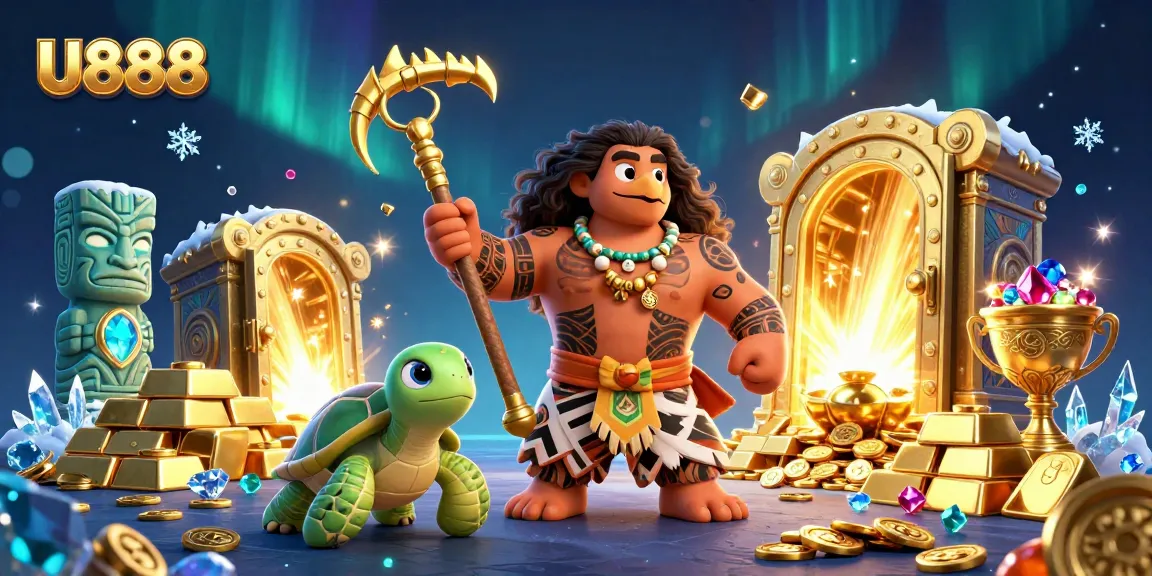 Experience U888's vibrant casino adventure with a demigod and treasures in a colorful scene.