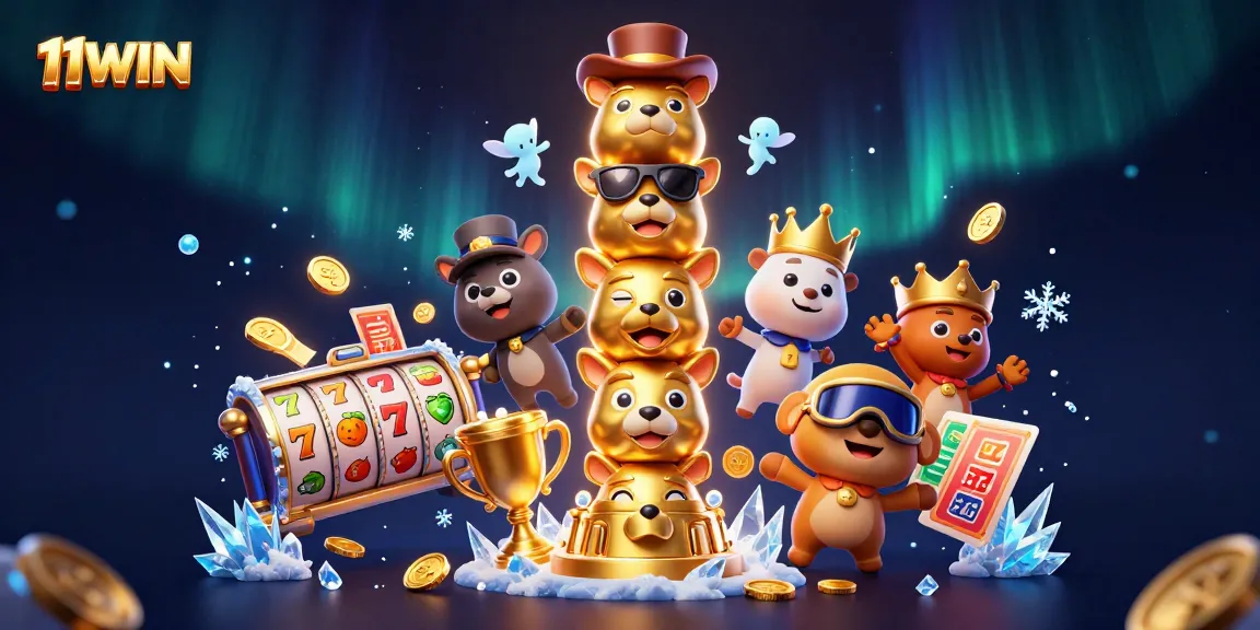 Experience the vibrant 11WIN totem pole surrounded by exciting casino elements like slot reels and trophies.