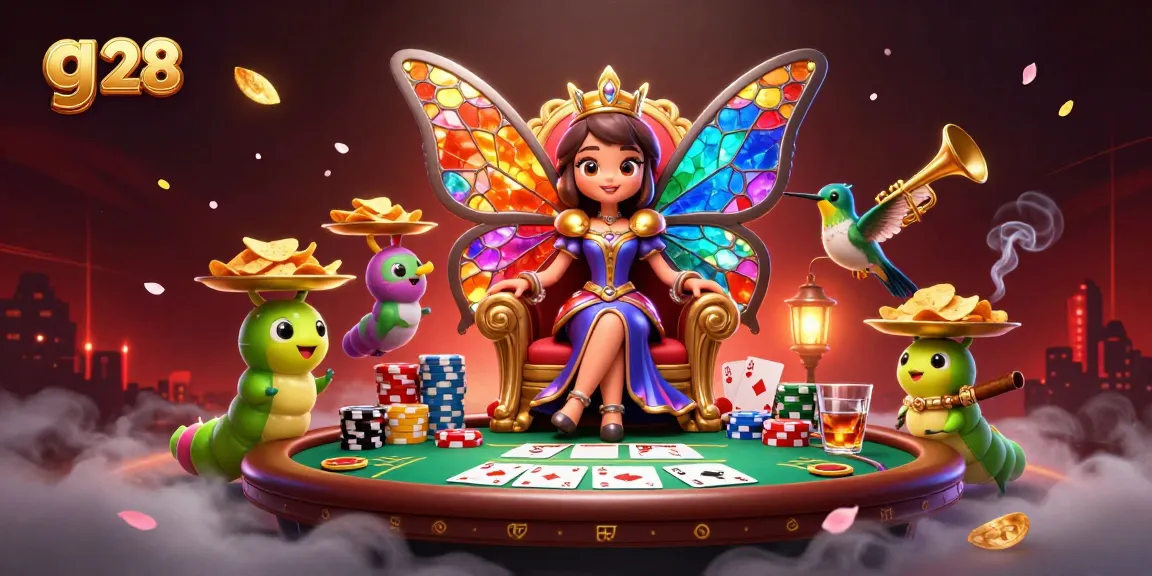 Experience g 28 at a vibrant casino scene with a butterfly queen, poker elements, and energetic gameplay.