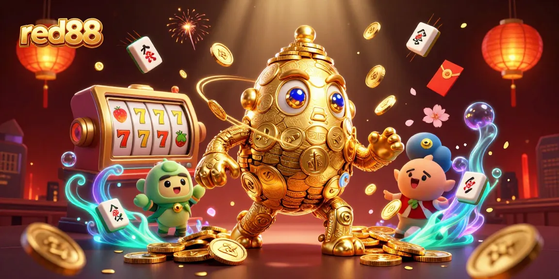 Experience thrilling gameplay with red88 as the ancient golden golem spins slot reels amidst vibrant decorations.