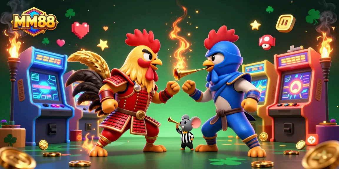 MM88 betting scene with fighting roosters, arcade games, and casino elements creating energy and excitement.