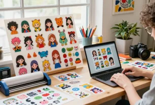 Custom stickers being designed in a creative workspace with vibrant colors and printing materials.