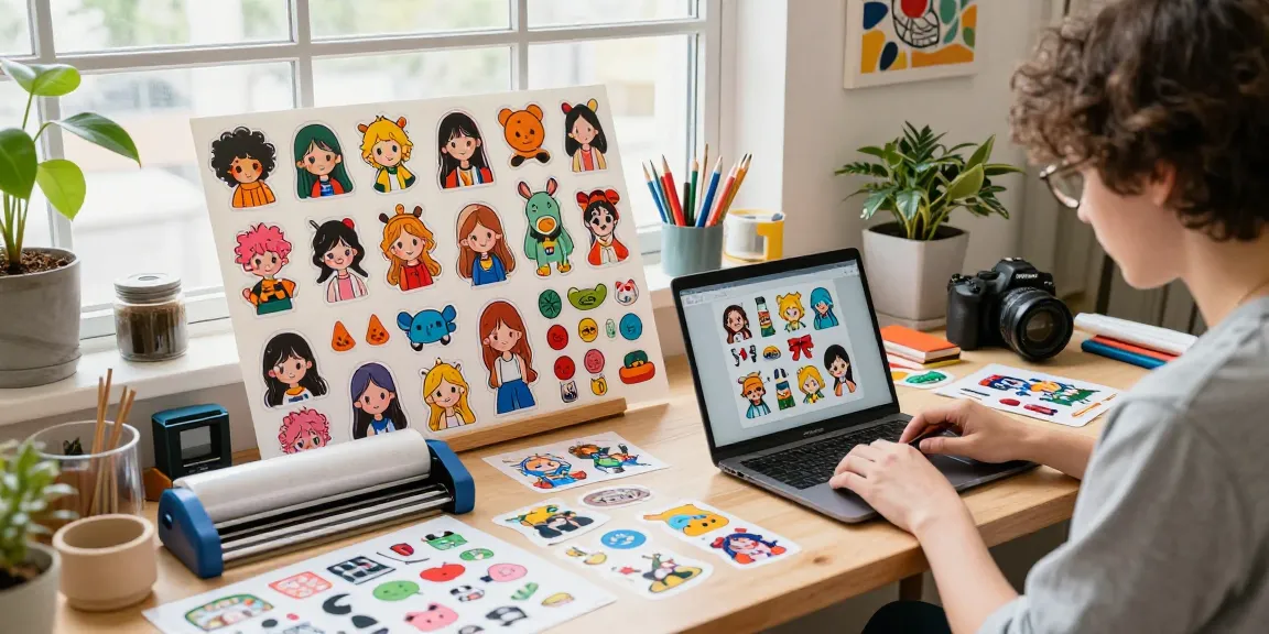 Custom stickers being designed in a creative workspace with vibrant colors and printing materials.