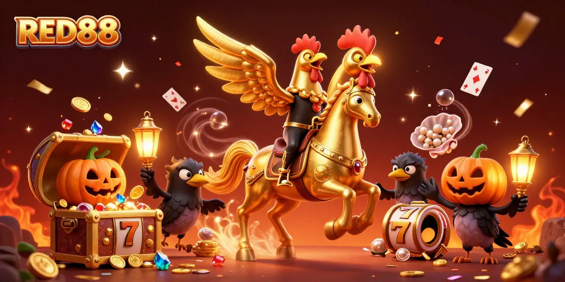 Engage in thrilling games at RED88 casino with a golden rooster and festive casino elements.