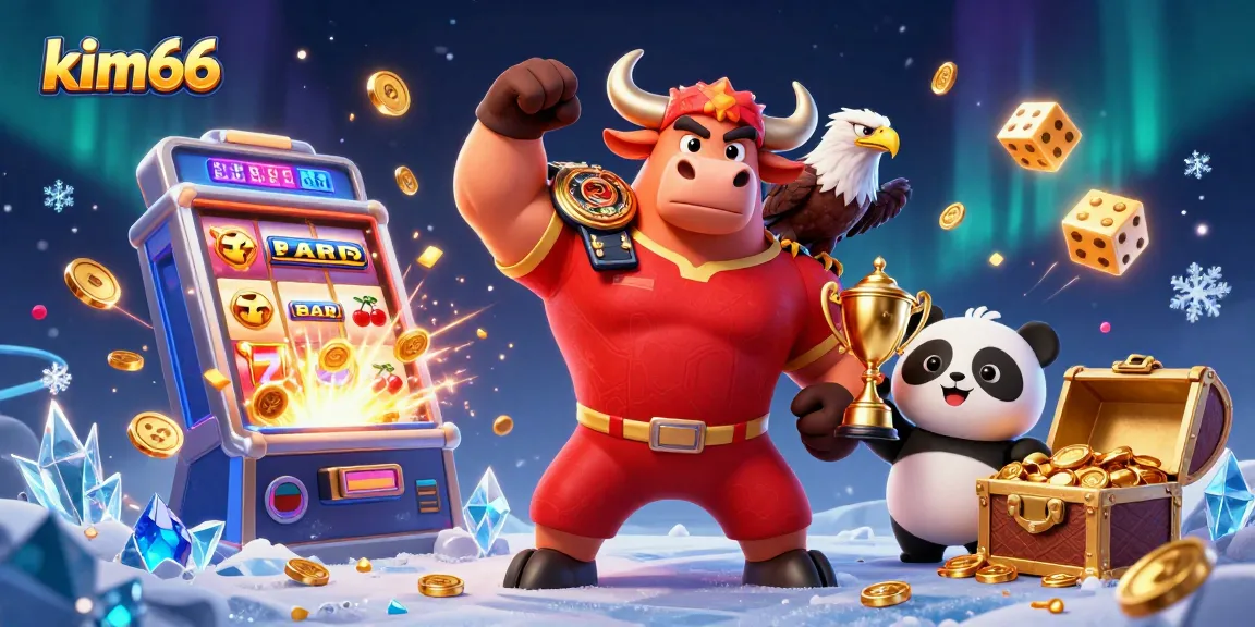 Spin and win with kim66 at a vibrant 3D casino, featuring joyful characters and exciting game elements.