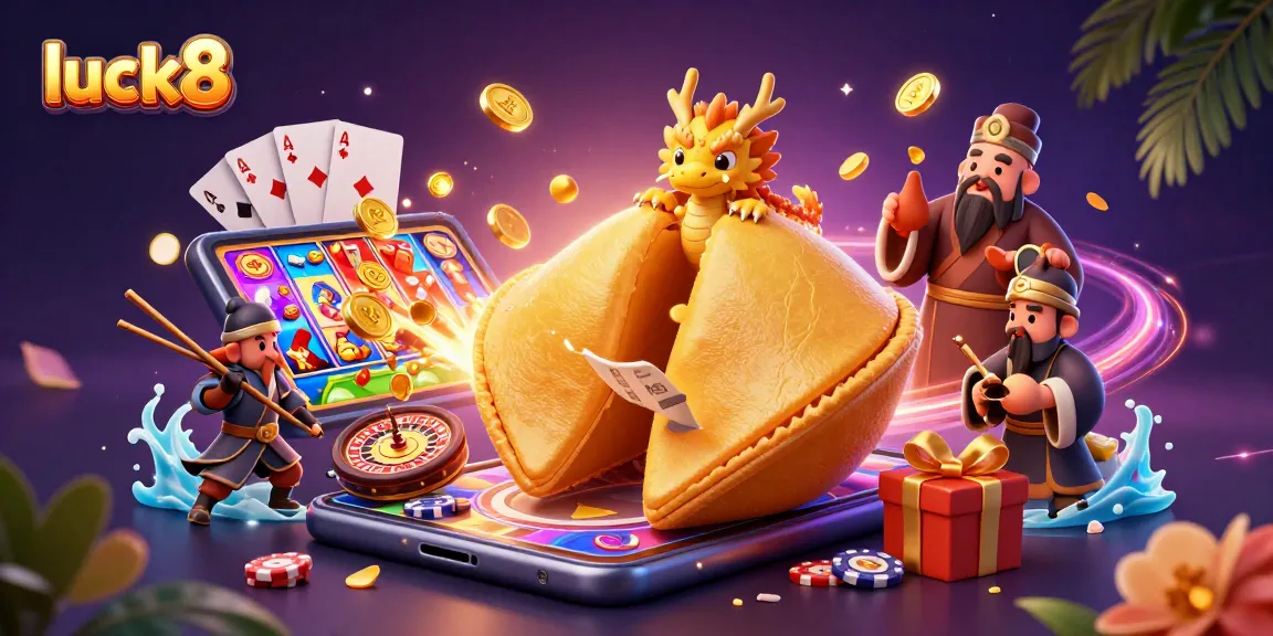 Spin and win at luck8's vibrant casino scene, featuring dynamic gaming action with golden elements.