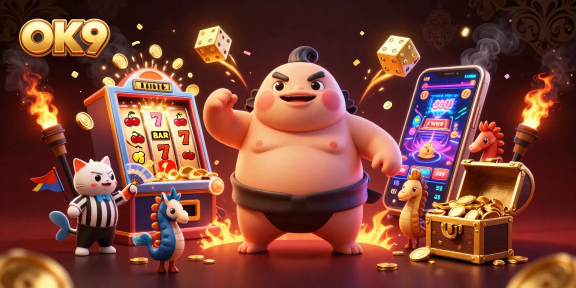 Experience the vibrant world of OK9 with a dynamic casino scene featuring a fugu, catfish referee, and winning symbols.