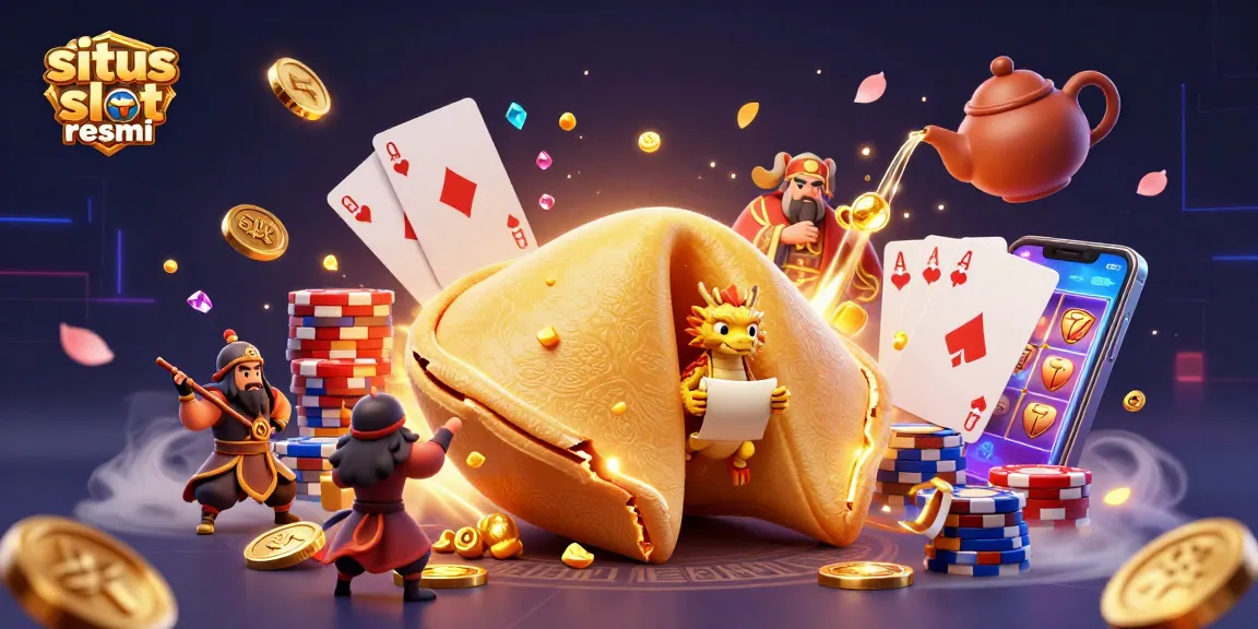 Spin to win with situs slot resmi, featuring a dynamic scene of golden fortune cookie, coins, and cards.