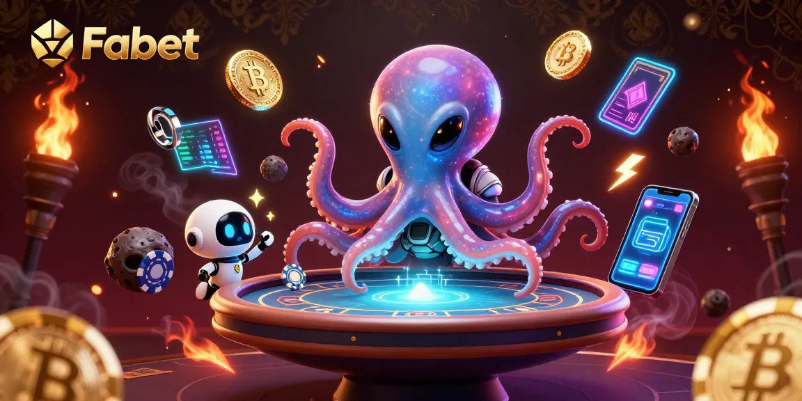 Experience thrilling poker action with Fabet, as a cosmic octopus navigates a holographic table amid glowing crypto elements.