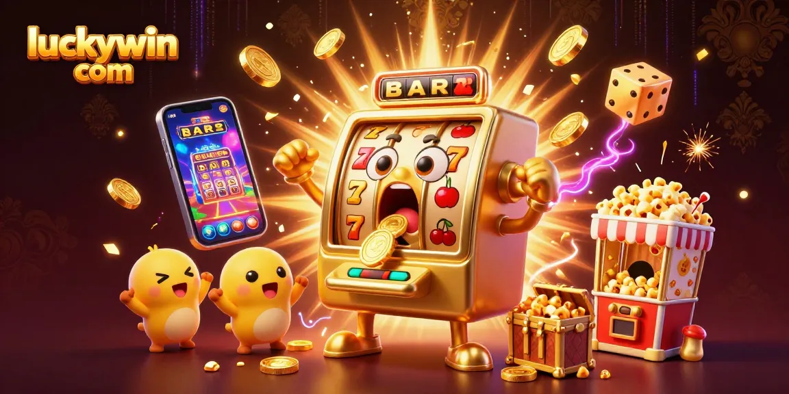 Experience the excitement of luckywin com with a vibrant scene of gold coins and slot machines celebrating a jackpot.