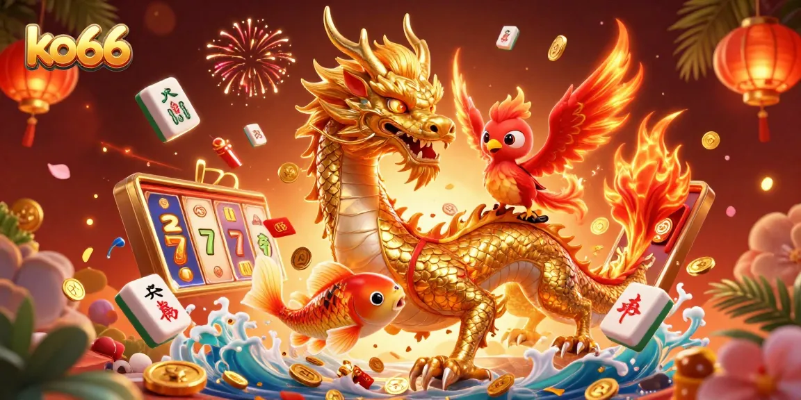 Experience the vibrant gaming world of ko66, showcasing a dragon, phoenix, and koi fish amidst exciting slot elements.