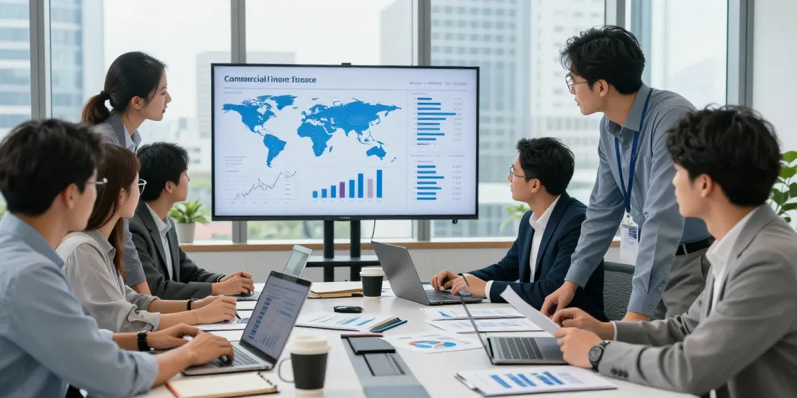 Team collaborating on worldwide commercial project finance strategies in a modern office.