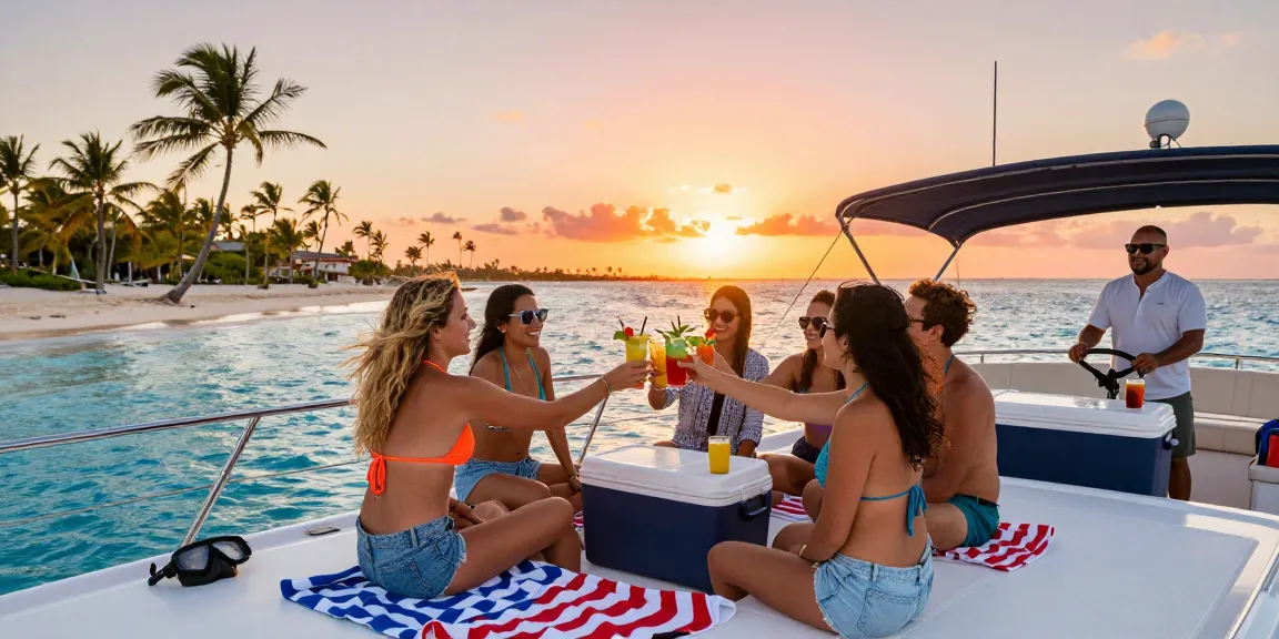 Exciting yacht charter Punta Cana experience with friends celebrating on a luxury yacht against a stunning sunset.