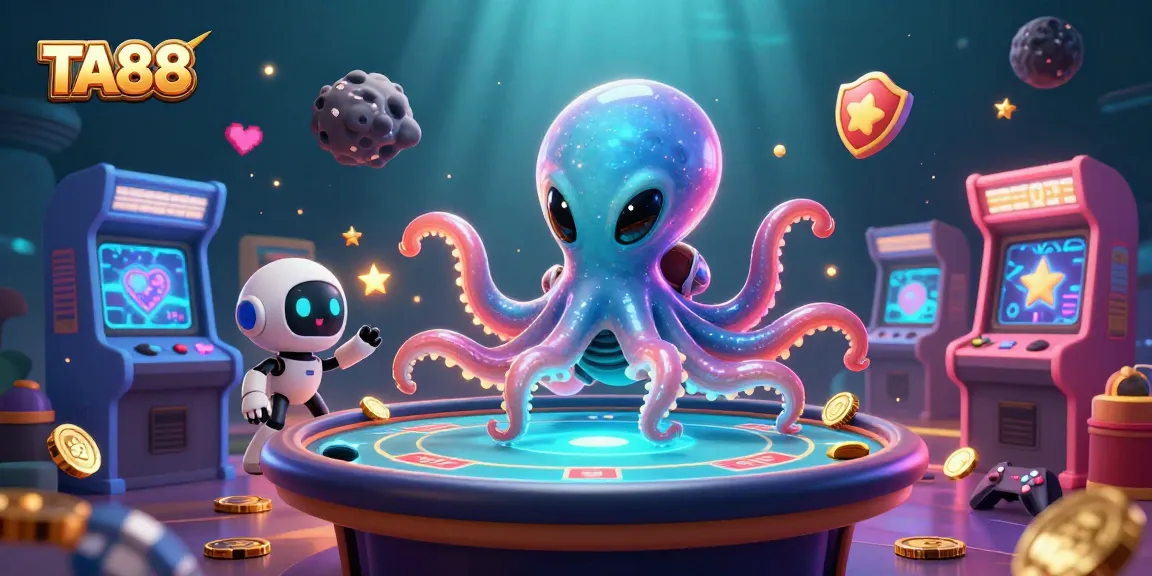 TA88 inspired 3D animation of an alien octopus gambling at a holographic poker table