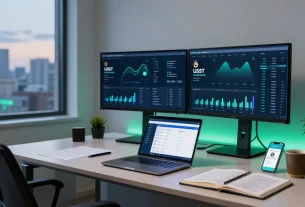 Recuperación de USDT en un entorno de trabajo profesional con monitor de análisis blockchain y aplicación de billetera digital.