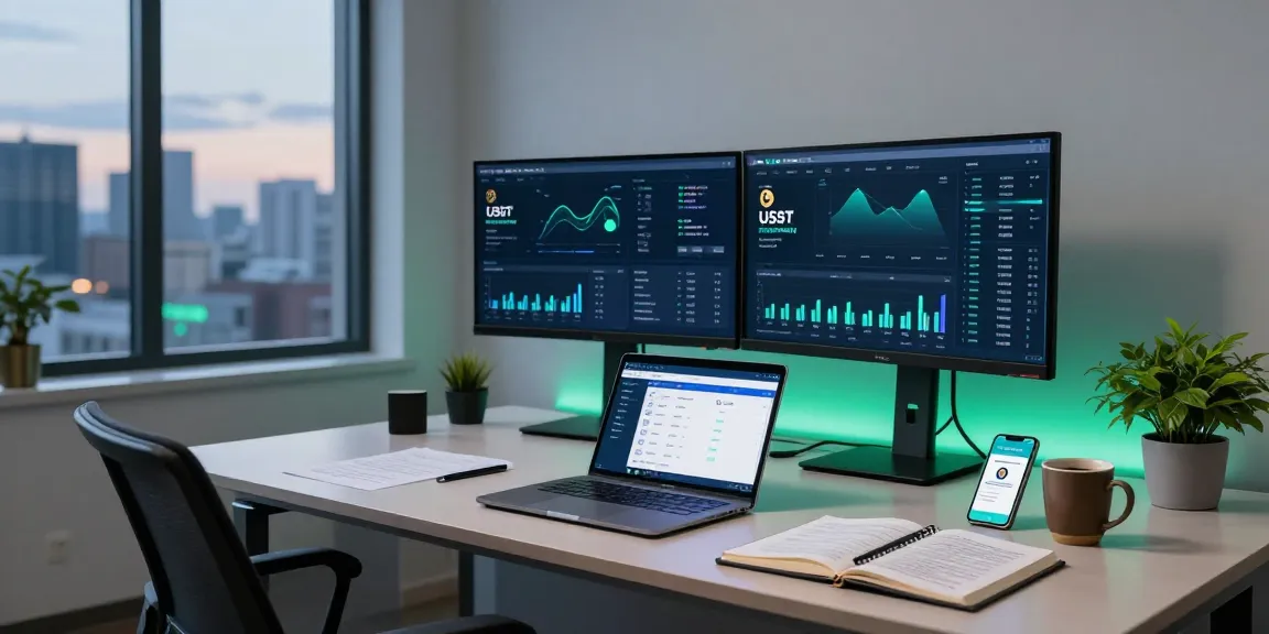 Recuperación de USDT en un entorno de trabajo profesional con monitor de análisis blockchain y aplicación de billetera digital.