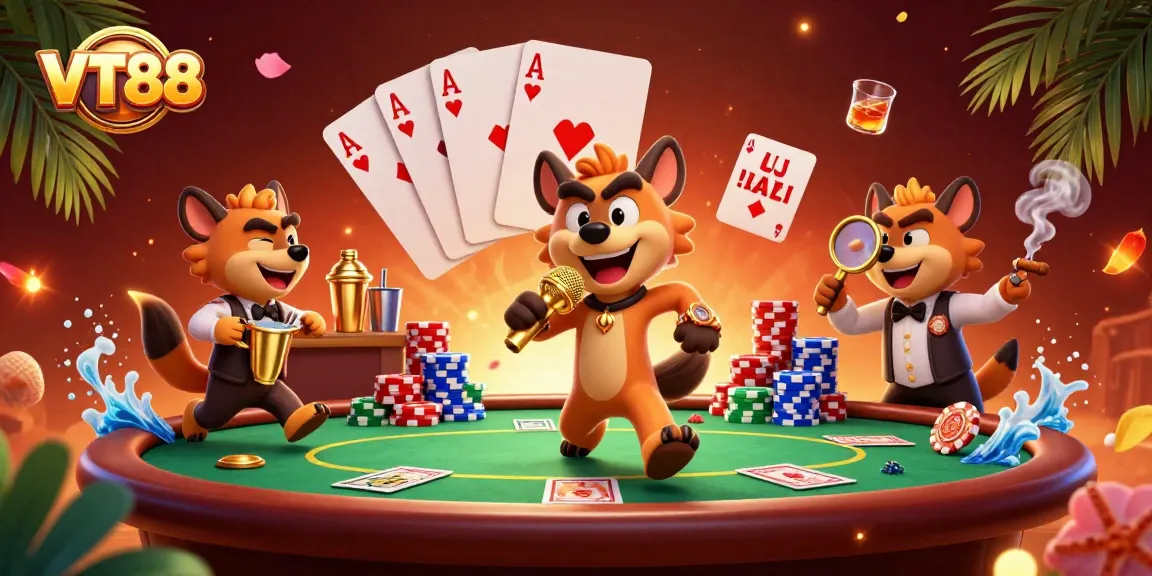 VT88 hyenas entertain at a vibrant casino, showcasing poker action and drinks.