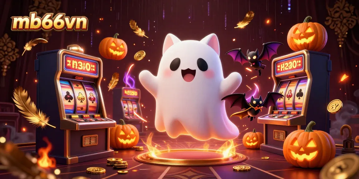 Experience the thrill of winning at mb66vn with a playful ghost cat amid casino action and glowing jack-o-lanterns.