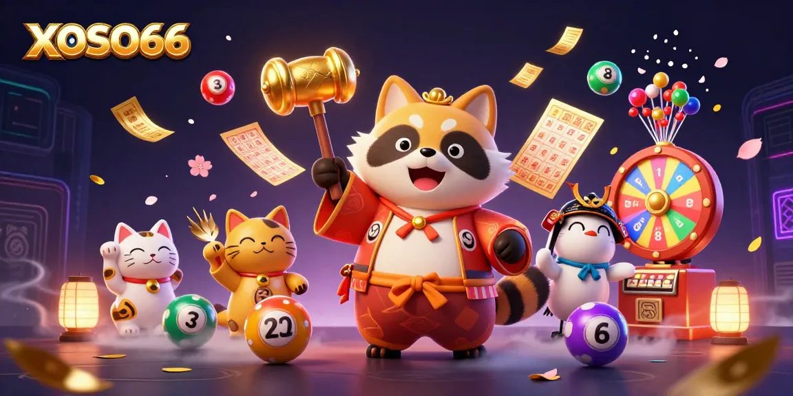 XOSO66 offers a vibrant lottery experience with colorful balls and lucky charm icons in a festive atmosphere.