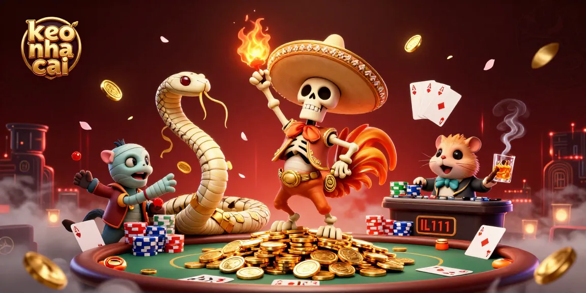 Exciting keo nha cai scene with a mariachi rooster and poker elements celebrating gambling.