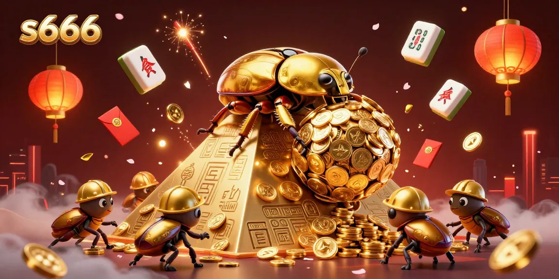 Play exciting games at s666 with a golden beetle rolling coins and vibrant casino elements.