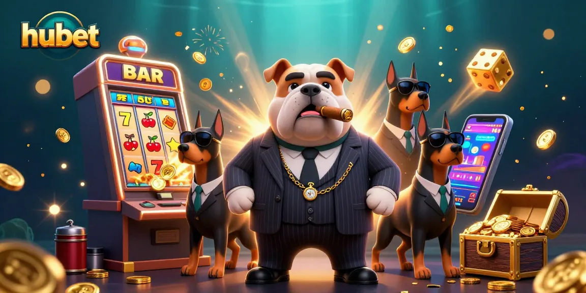Win big at Hubet with a stunning 3D illustration of a mafia boss, slot machine, and golden coins.